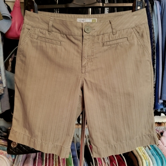 OLD NAVY ♡ Sweet Military Green Cotton Low Waist Bengal Striped Bermuda Shorts 6 - Picture 2 of 16